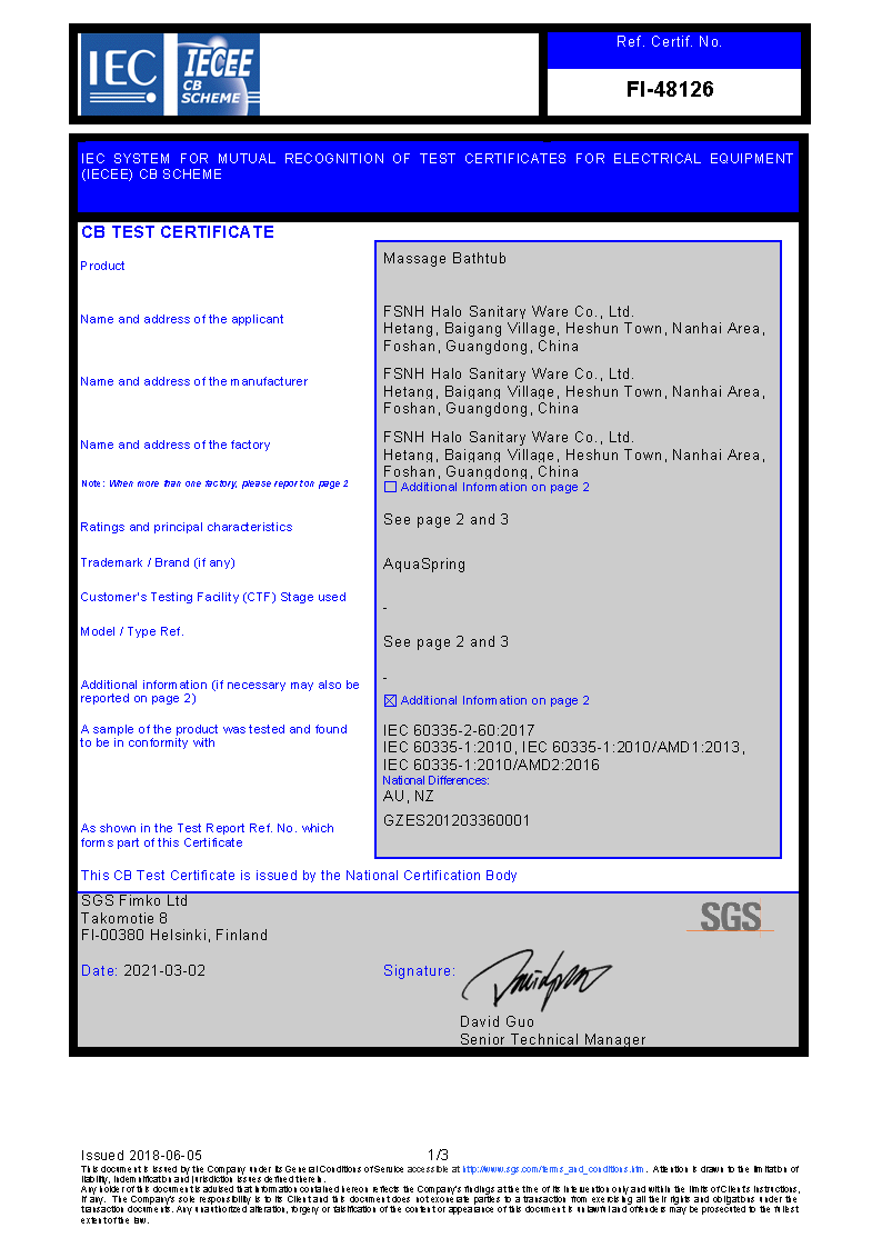 CB certificate from AquaSpring spas