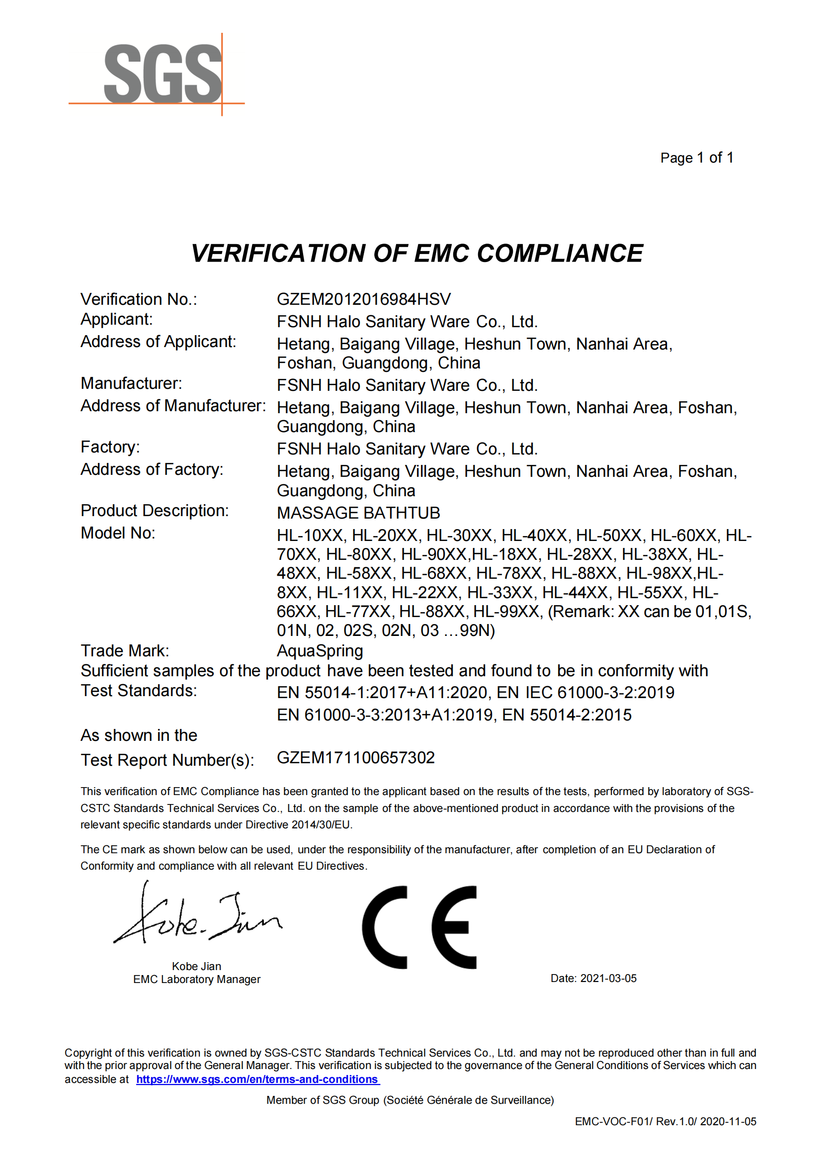 CE-EMC certificate from AquaSpring spas 2021